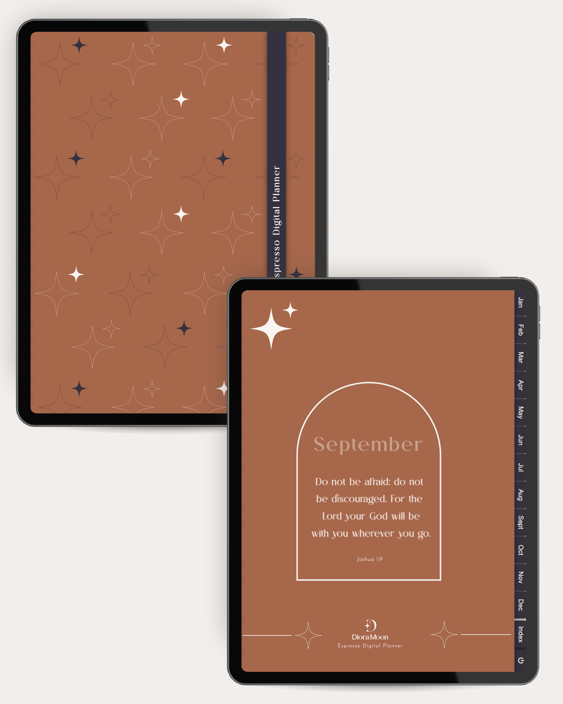 Two digital planners with a brown cover featuring star patterns and text.