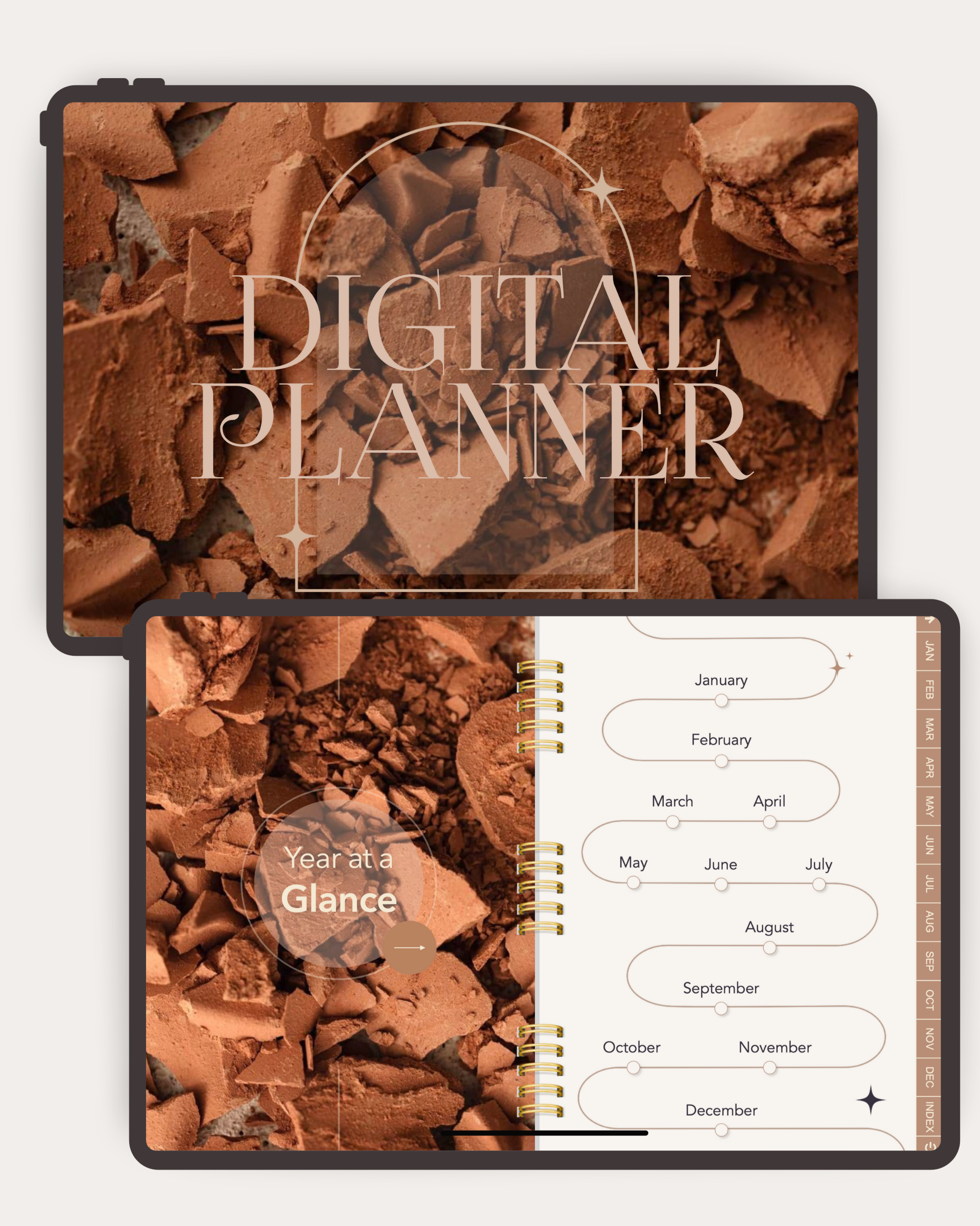 Digital planner with rock-themed cover and monthly calendar layout.