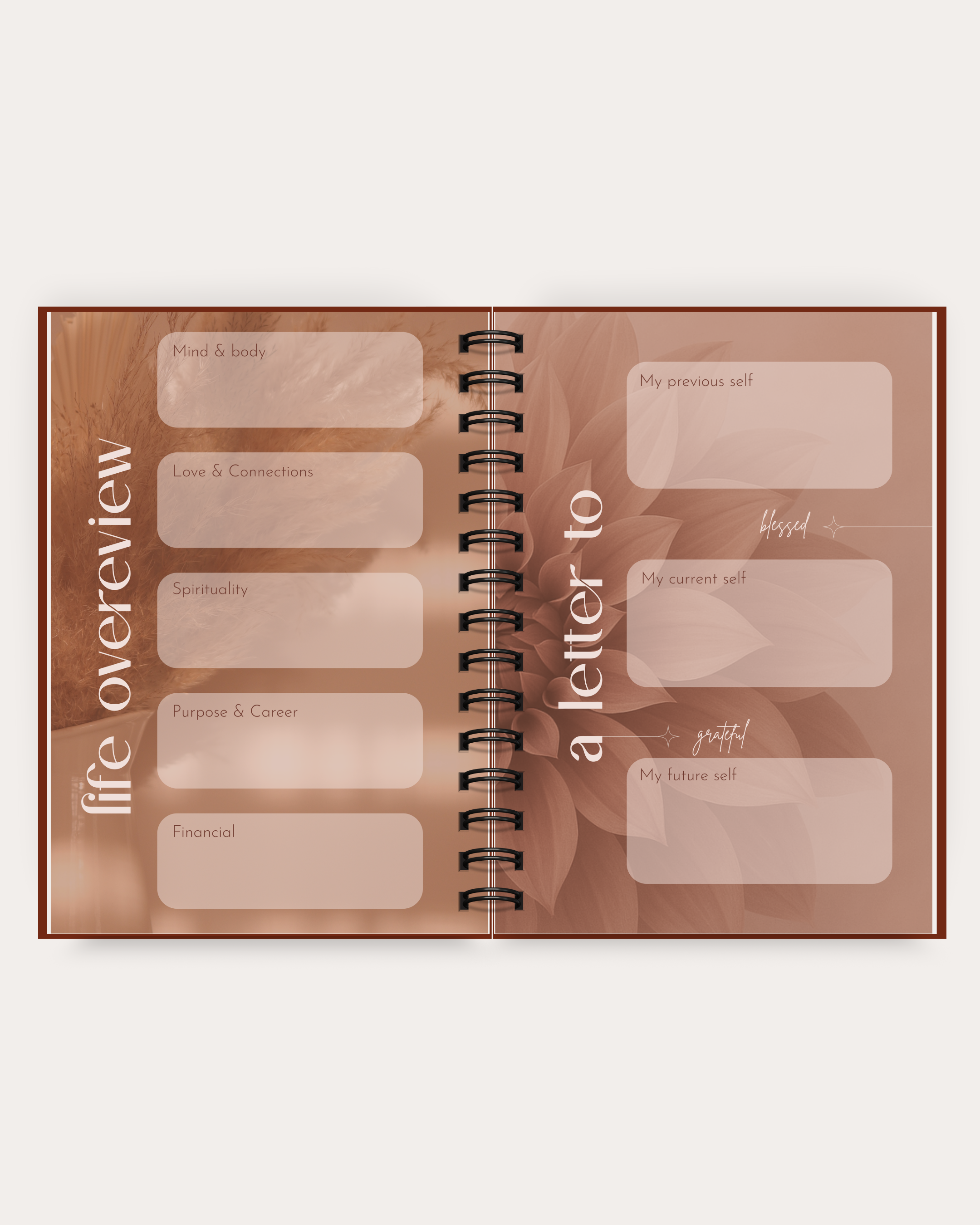 Open spiral-bound planner with labeled sections on a white background