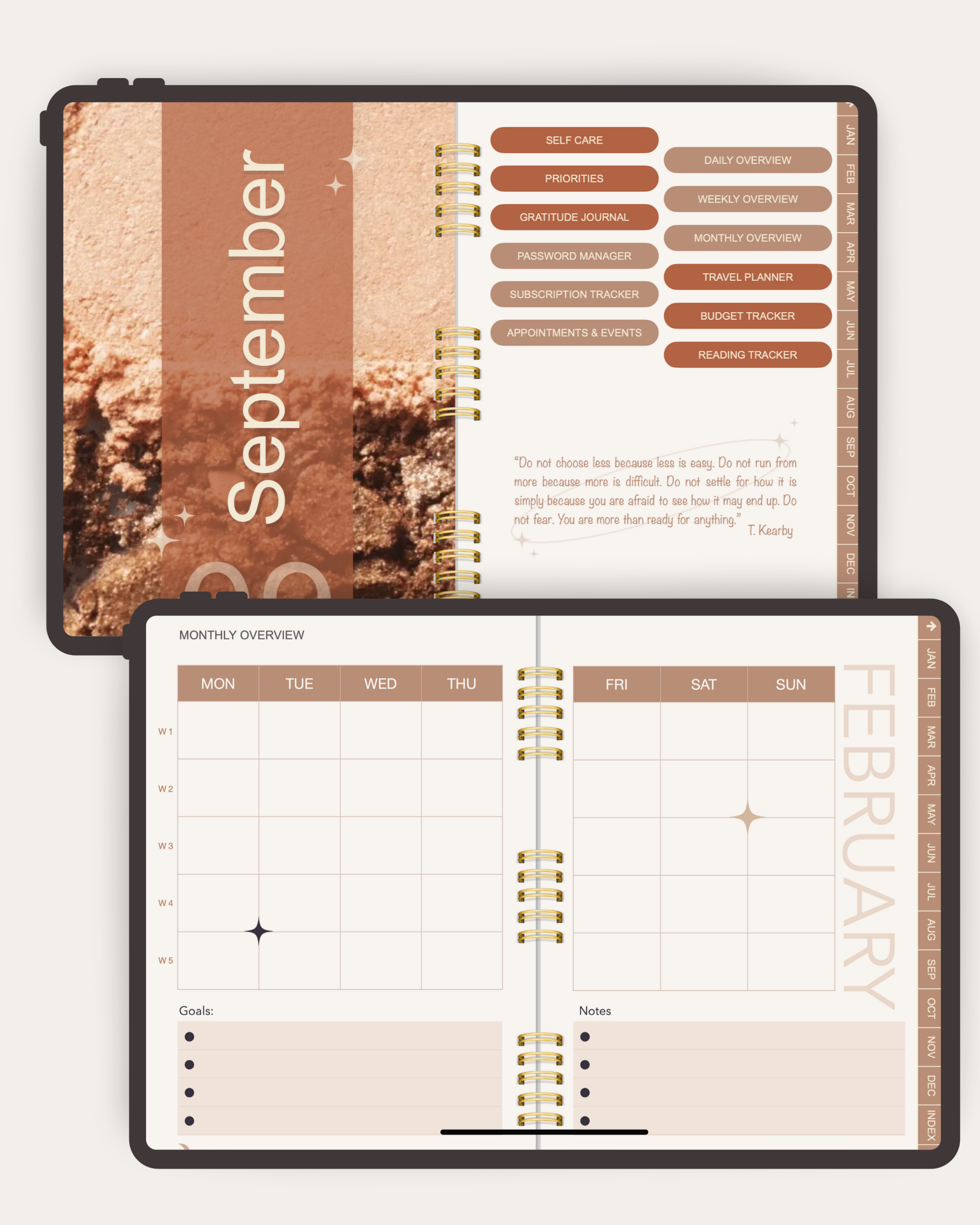 Open planner showing September and February pages with a landscape design.