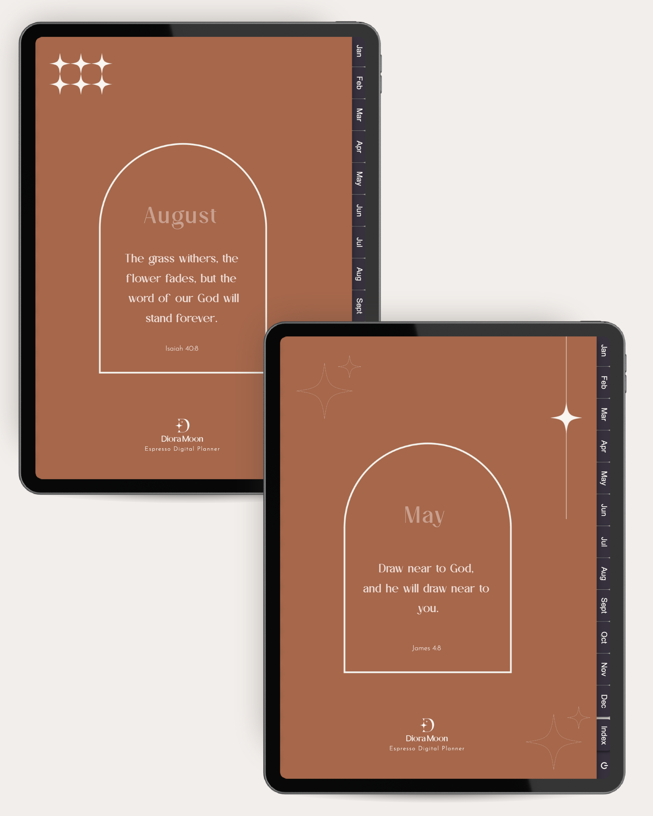 Two digital planners with August and May themes on a white background