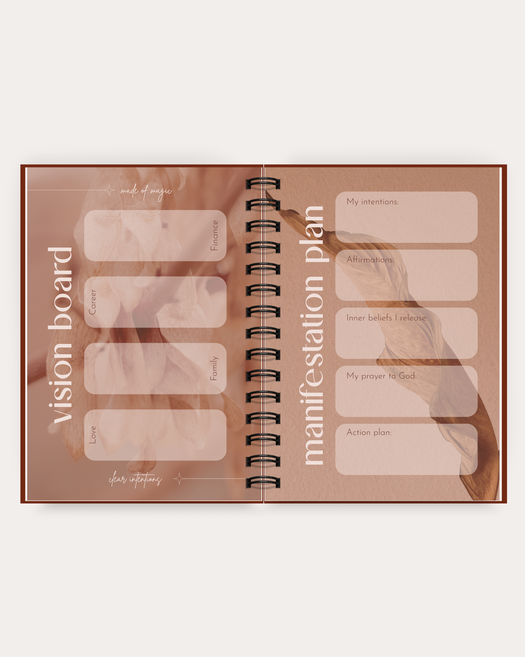 Open planner with 'Vision board' and 'Manifestation plan' sections on a white background
