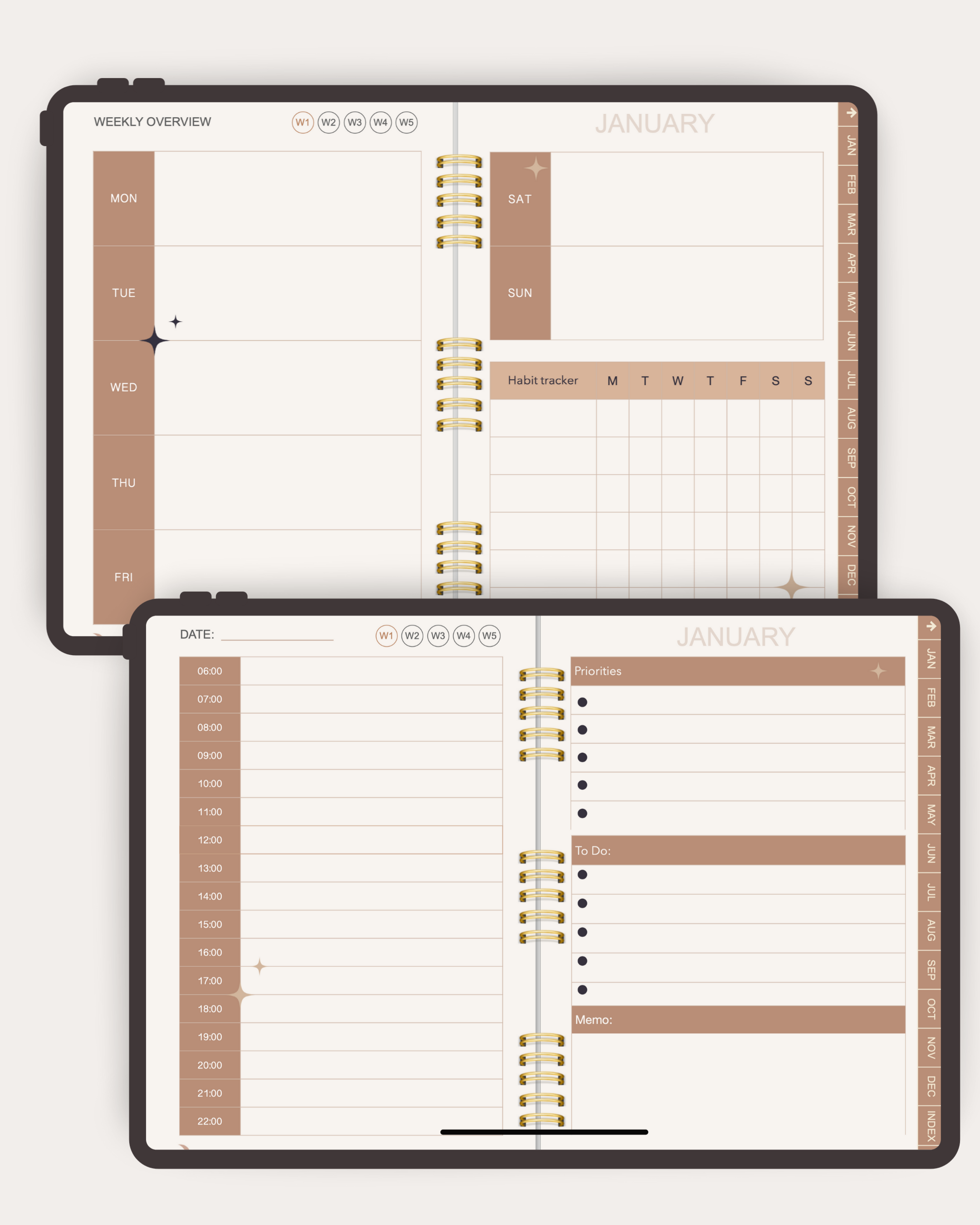 Two open planners showing weekly and monthly schedules with a focus on design and functionality.