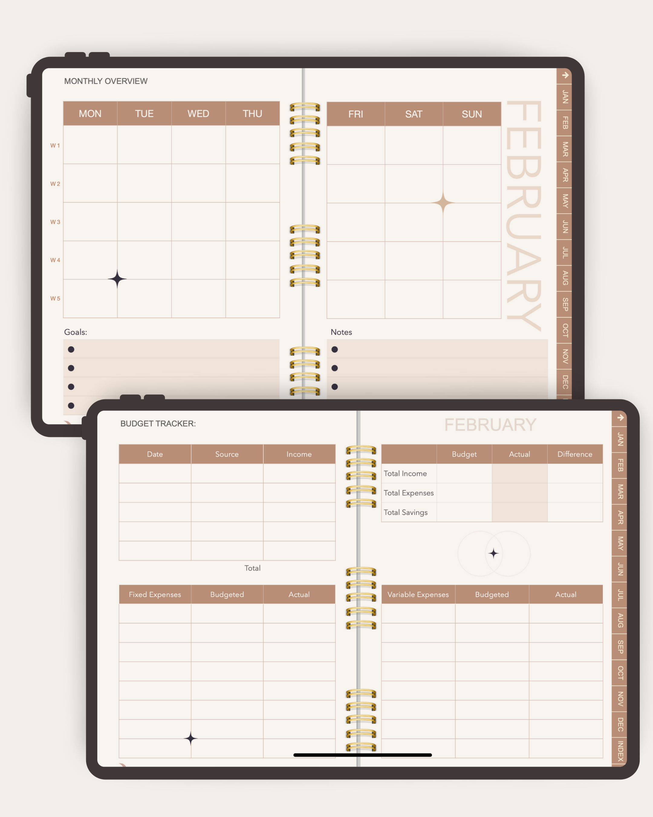 Two open planners showing a monthly overview and budget tracker for February.