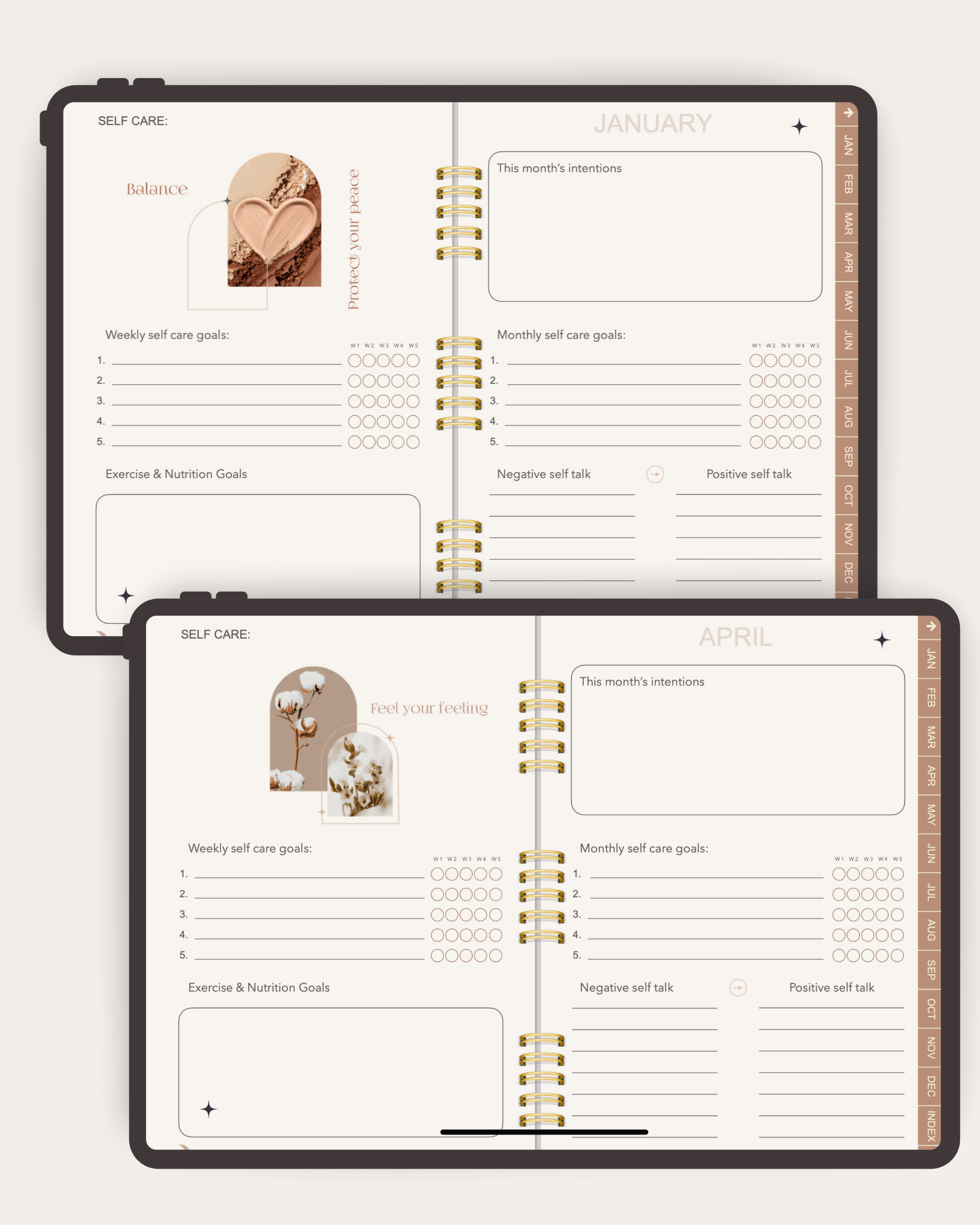 Two open pages of a planner showing self-care and monthly intentions sections.