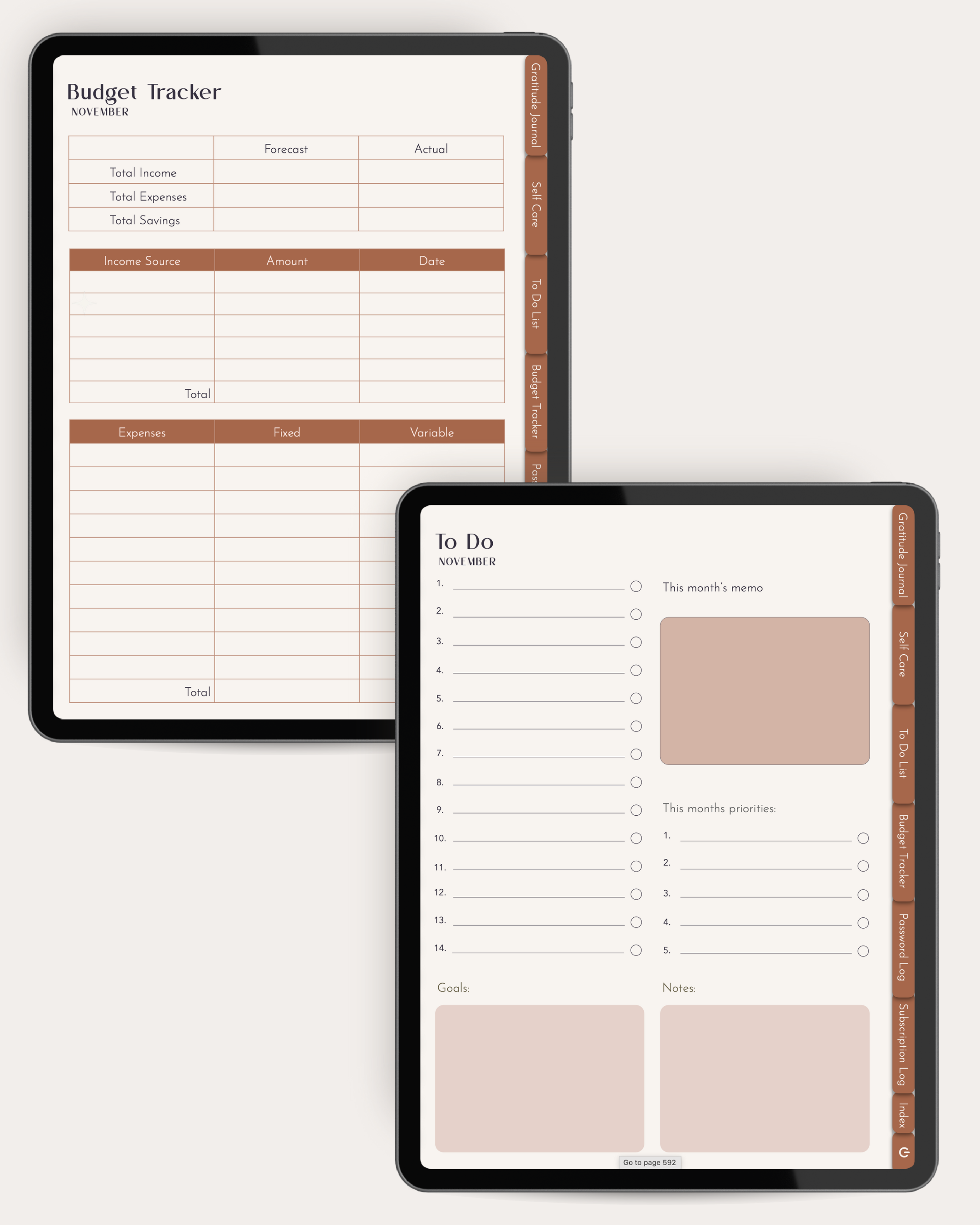 Two digital planners showing a budget tracker and to-do list on a white background.