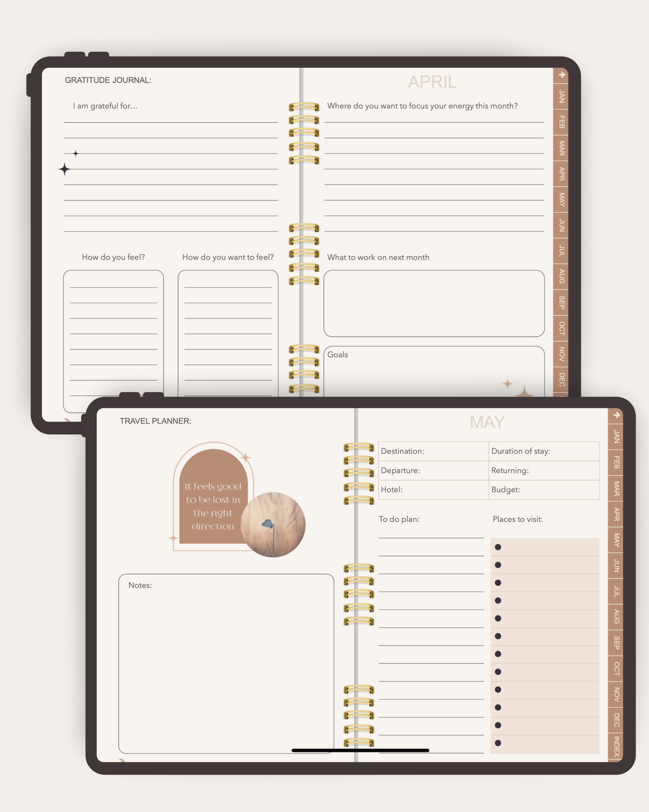 Two open planners showing different sections with text and design elements.