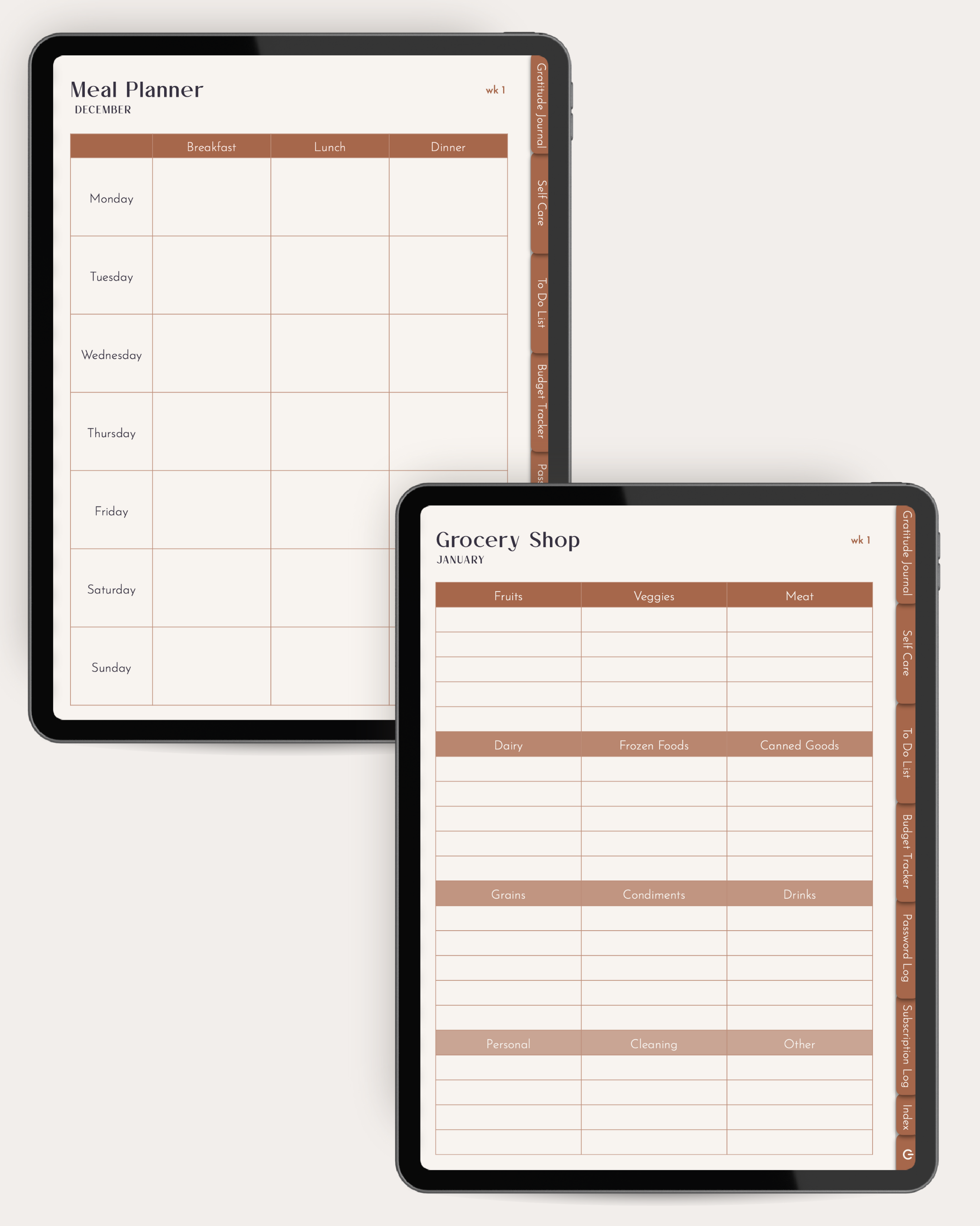 Two digital planners displaying 'Meal Planner' and 'Grocery Shop' on a white background.