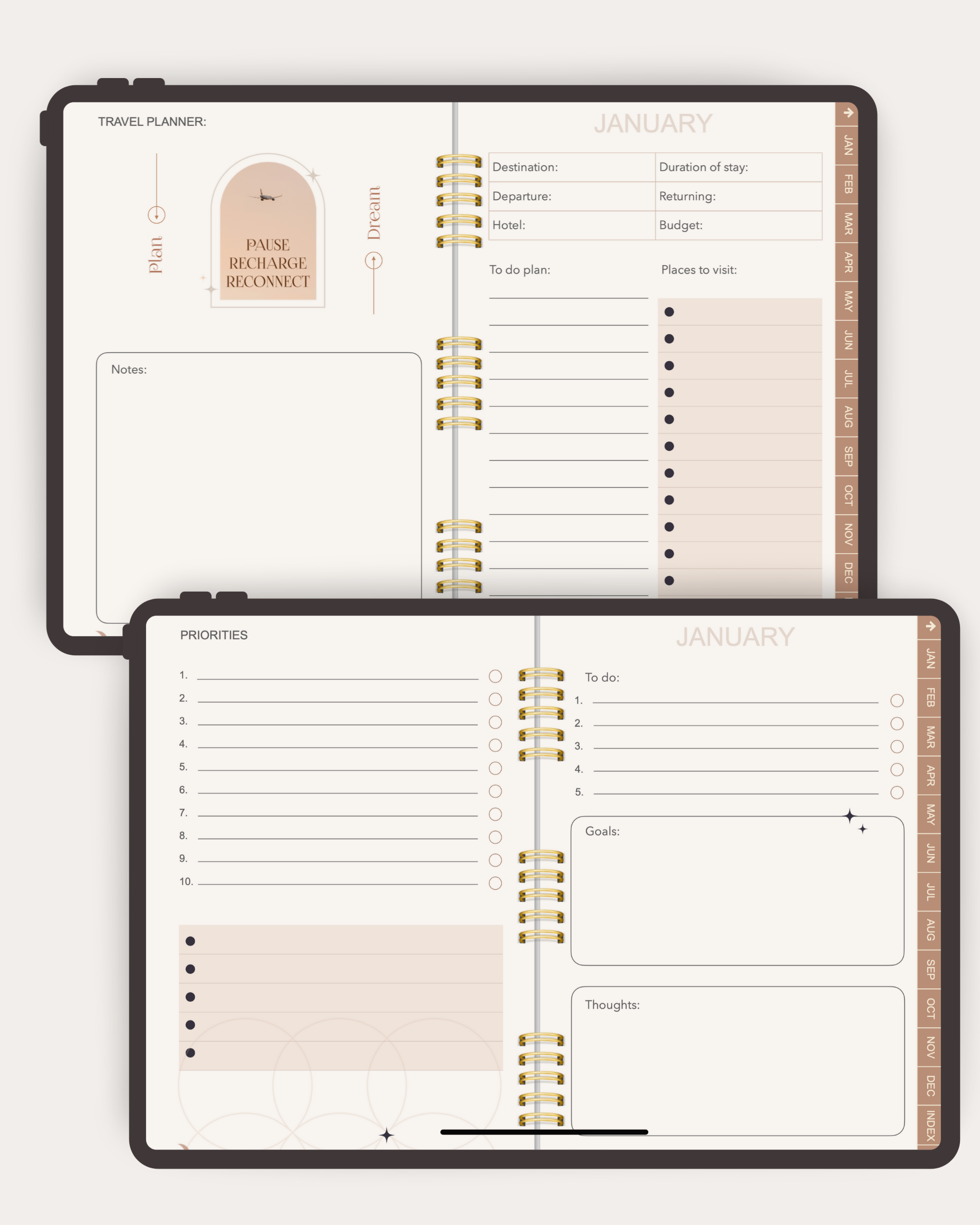 Two open planner pages showing a travel planner layout with sections for destinations, dates, and notes.