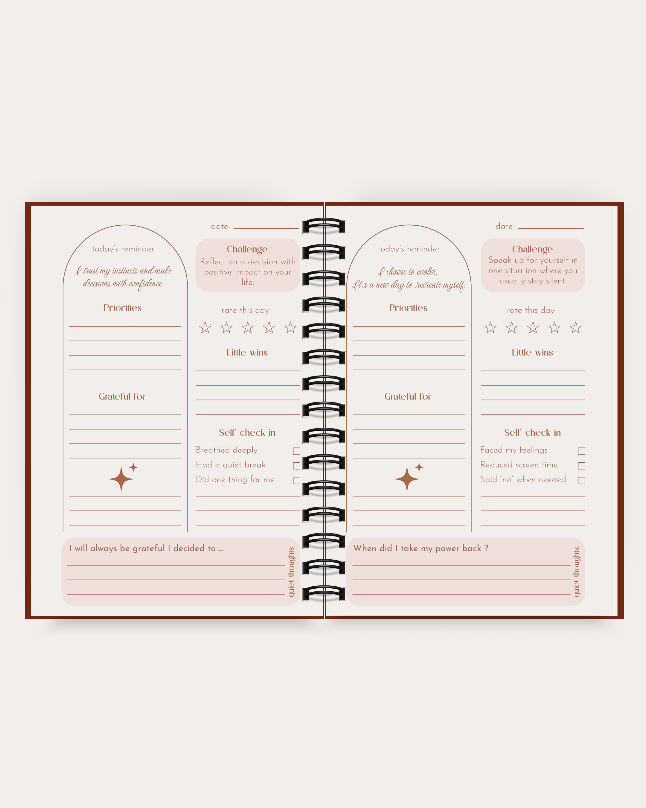 Open spiral-bound planner with interior pages on a white background