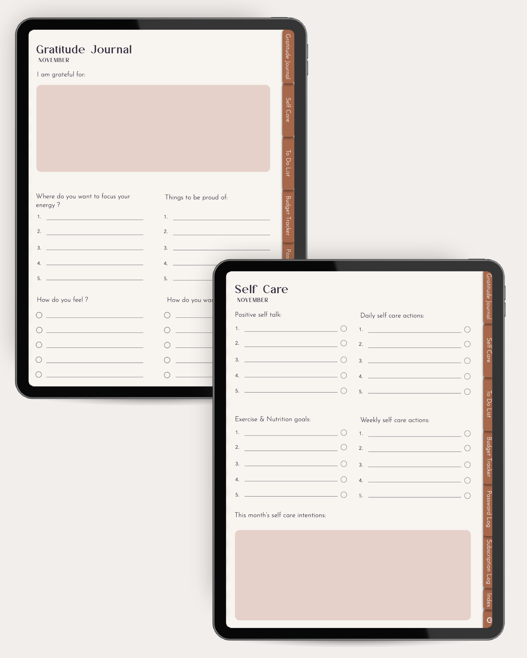 Two digital screens displaying a gratitude journal and self-care planner.