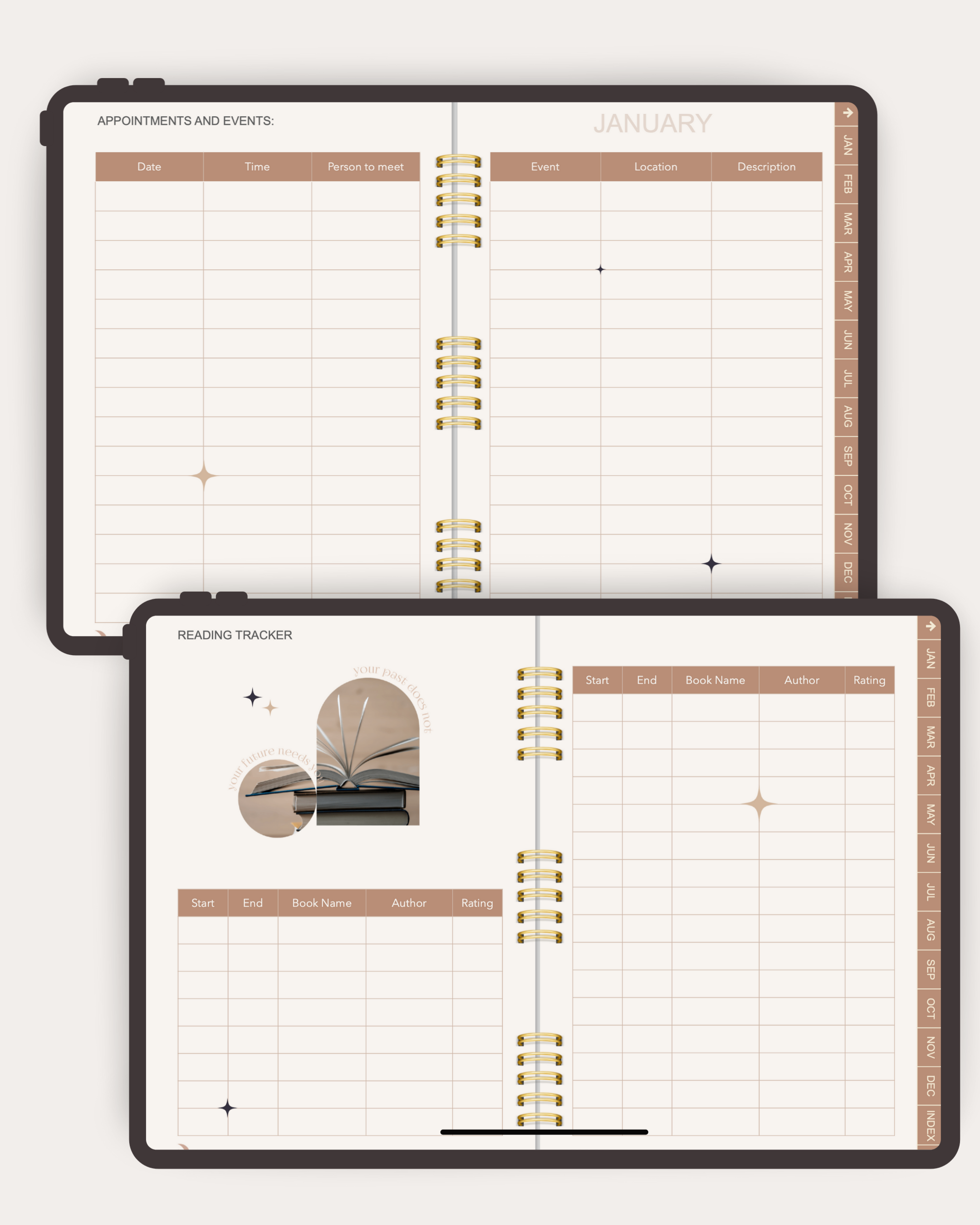 Open planner showing appointments, events, and reading tracker sections on a white background