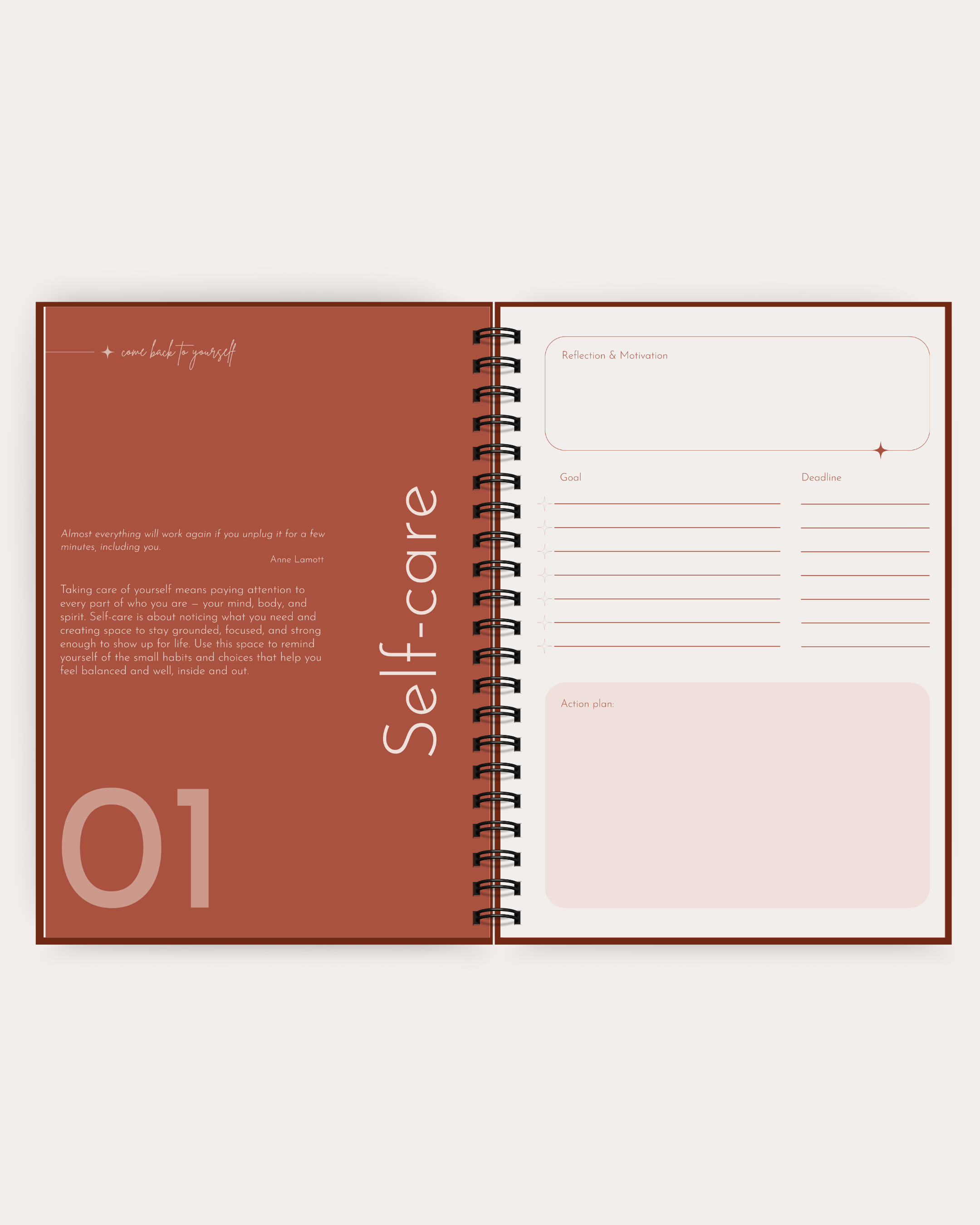 Open spiral-bound planner with 'Self-care' section on a white background
