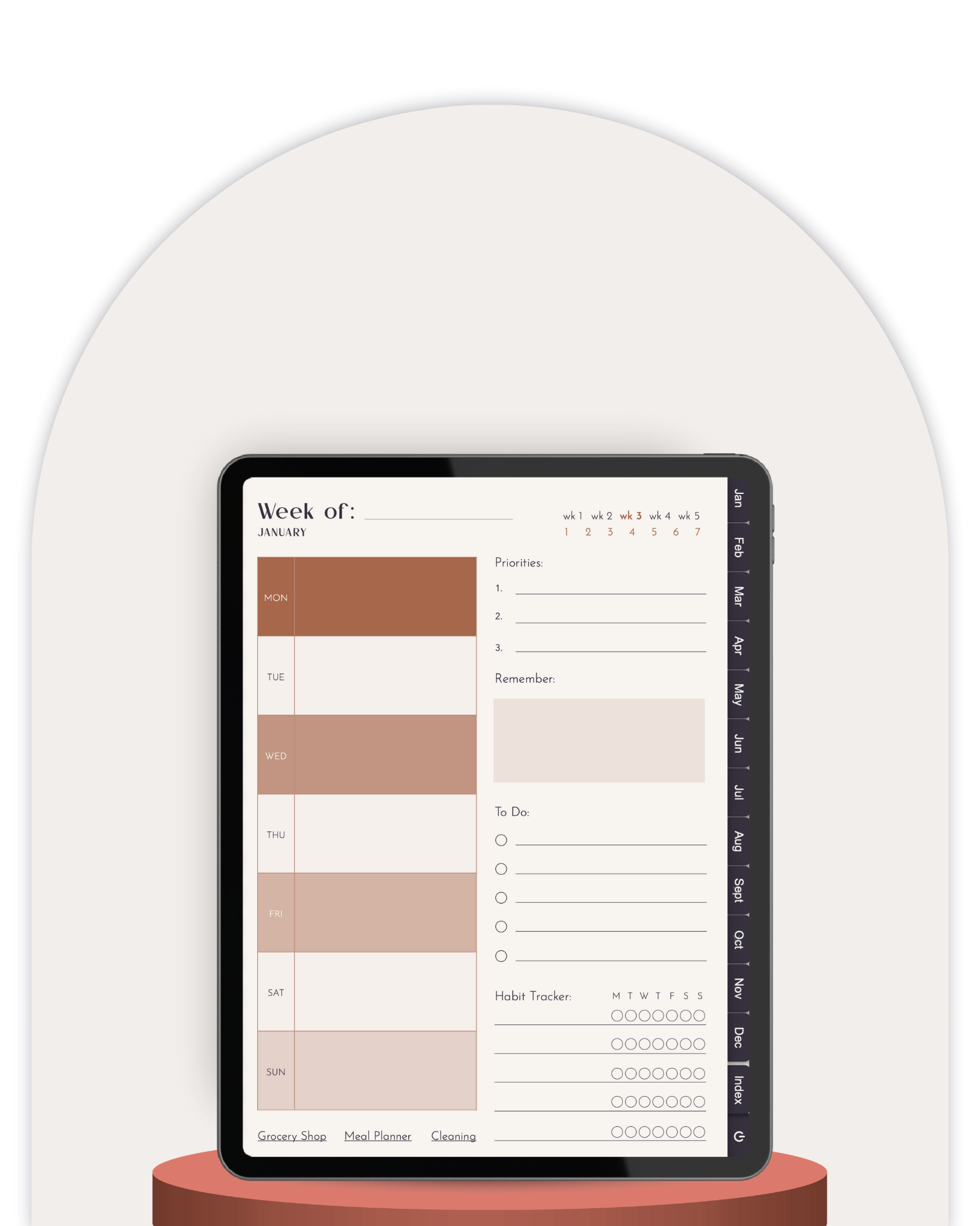 Digital planner app on a tablet with a white background
