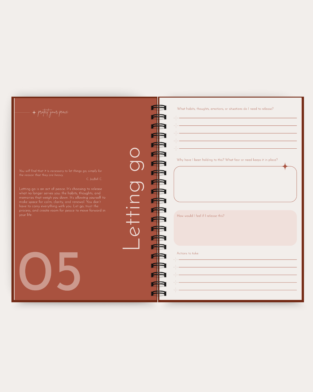 An open spiral-bound planner or notebook showing a two-page layout. The left page has a warm terracotta background with the large number 05 and the vertical title 'Letting go' in white.