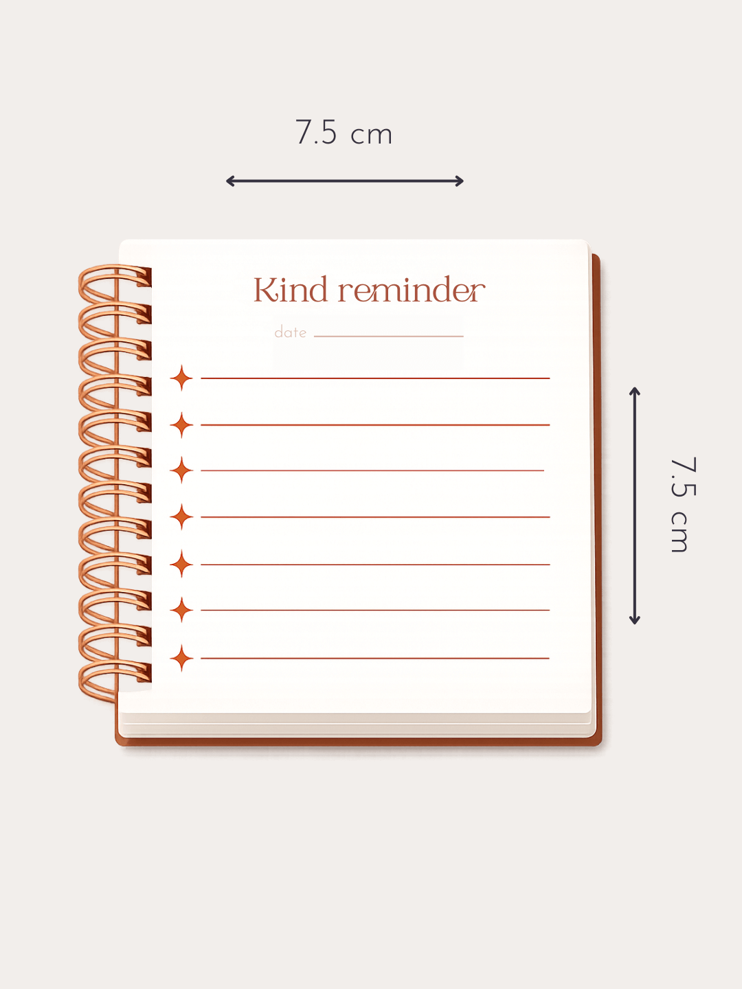Notebook with 'Kind reminder' text and dimensions on a white background