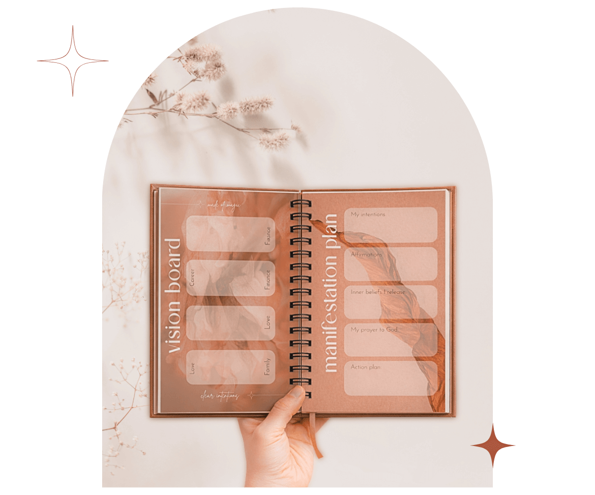 Open notebook with vision board and manifestation plan sections on a white background