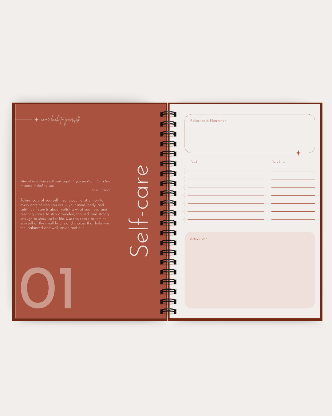 An open spiral-bound journal or planner spread on a light gray background. The left page is a warm terracotta color with the text 'Self-care' vertically printed in white and a large '01' in the lower left.