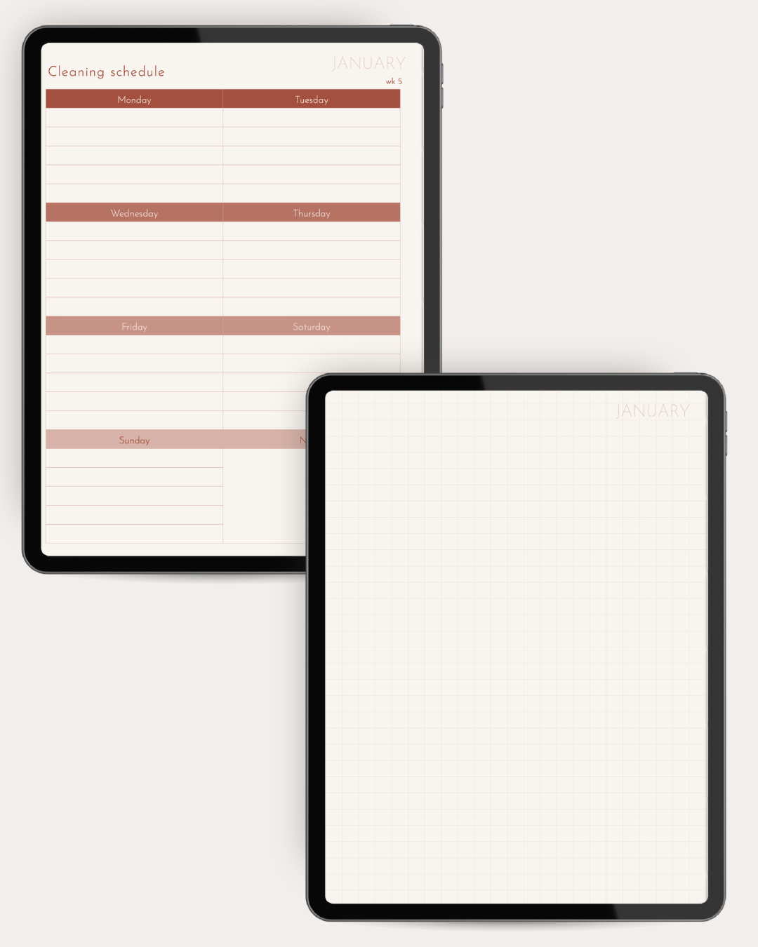 Two black tablet devices shown on a light warm-gray background. The top tablet displays a cleaning schedule planner page with weekly sections in muted dusty rose and white.