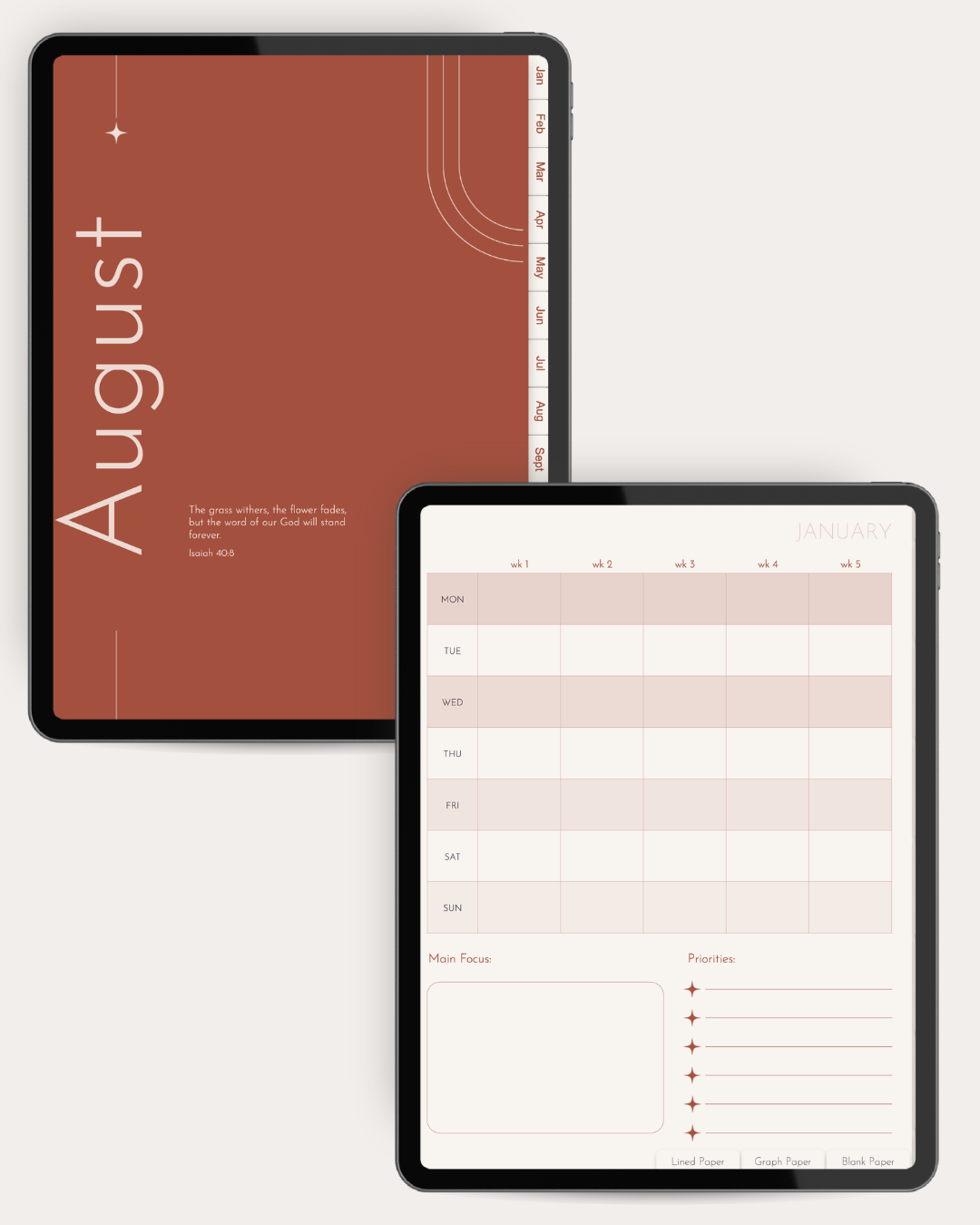 Two digital planner templates displayed on tablet screens against a light gray background. The top tablet shows a terracotta-colored August cover with white typography and minimalist line accents.