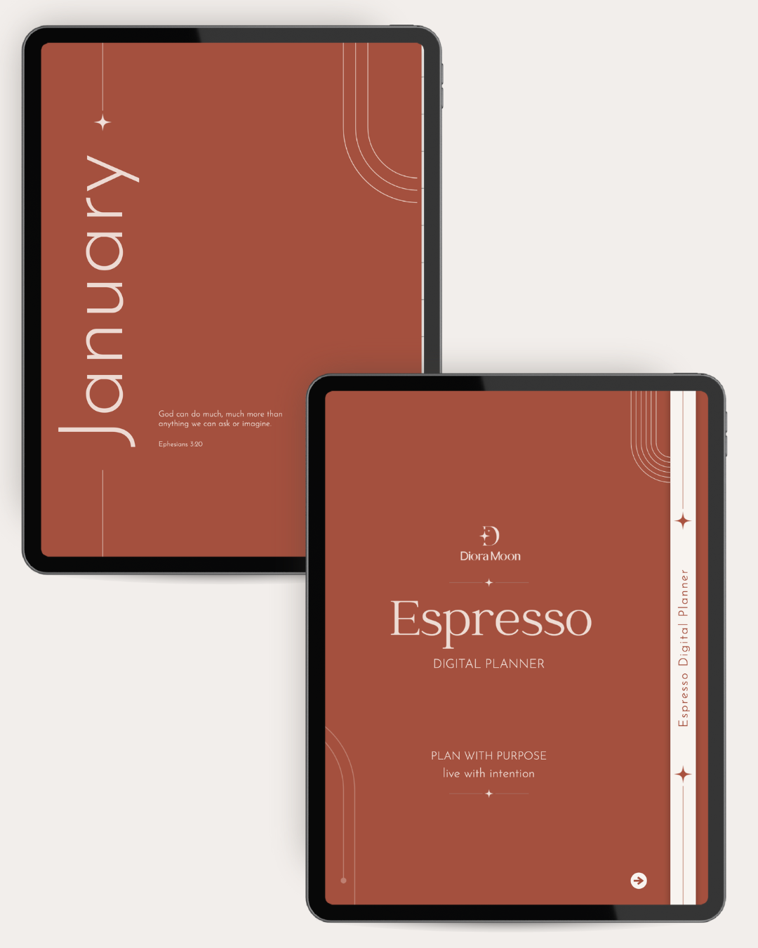 Two digital planner covers displayed on tablet screens against a light gray background. The left tablet shows the January cover in a warm terracotta color with white text and minimalist line accents.