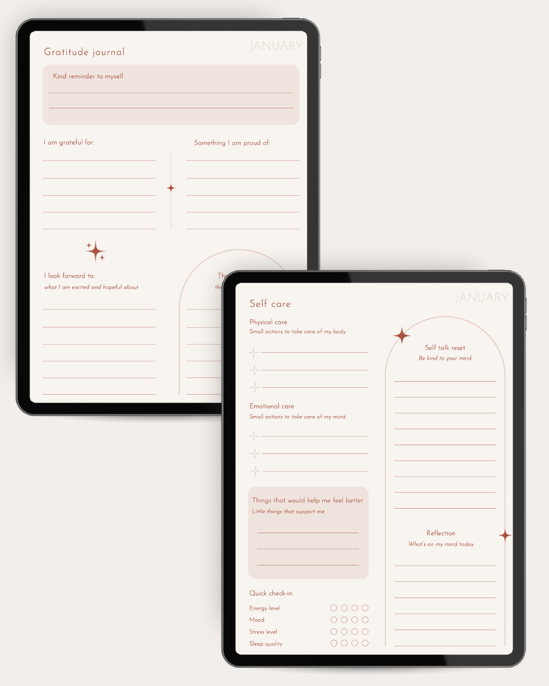 Two black tablet devices displaying printable planner pages for a gratitude journal and a self-care tracker, arranged on a light beige background.