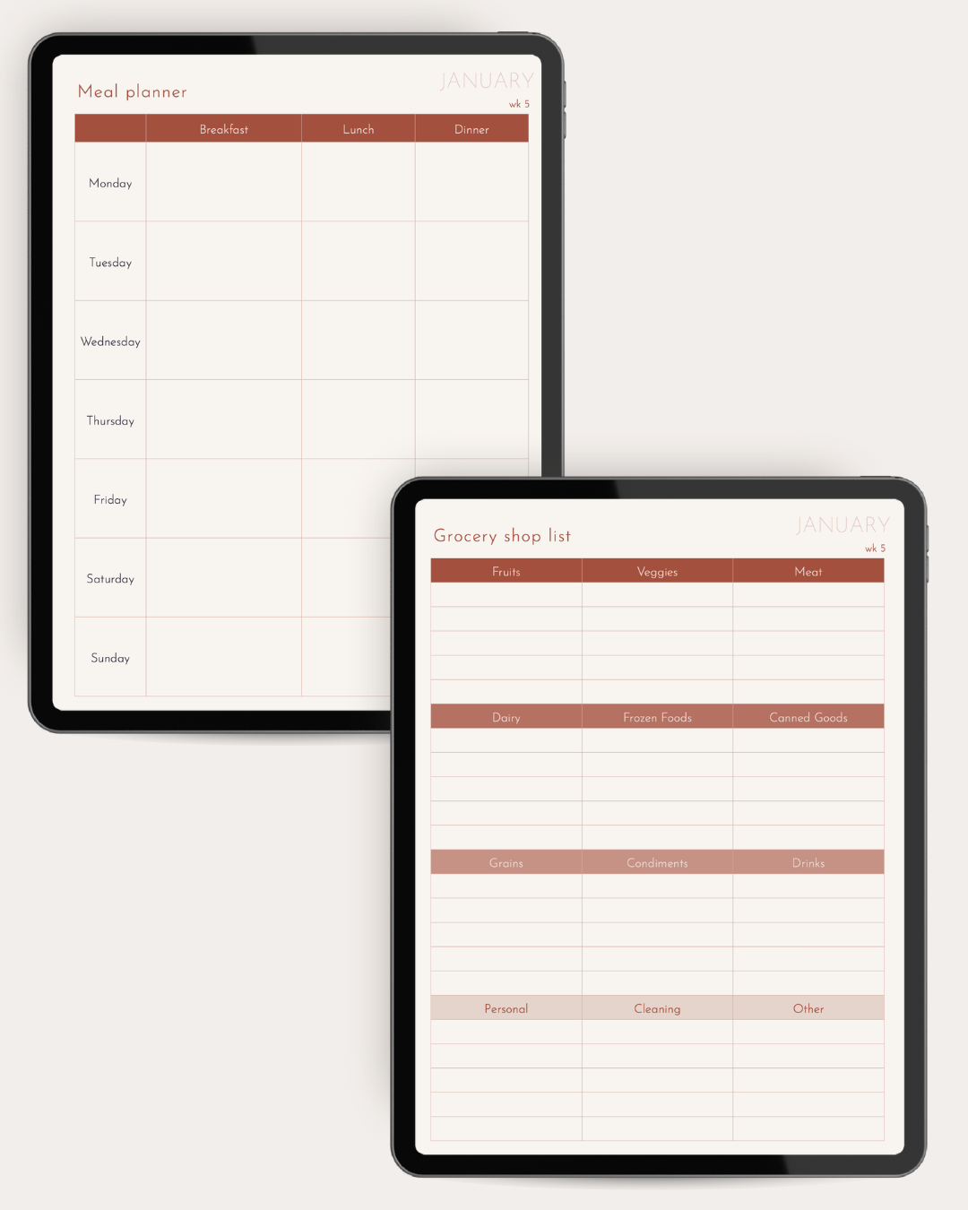 Two digital planner templates displayed on tablet screens against a light beige background. The larger tablet shows a meal planner with columns for weekday, lunch, dinner, and groceries, and the smaller tablet shows a grocery shop list template with sections for fruits, vegetables, meat, snacks, drinks, groceries, cleaning, and personal items.