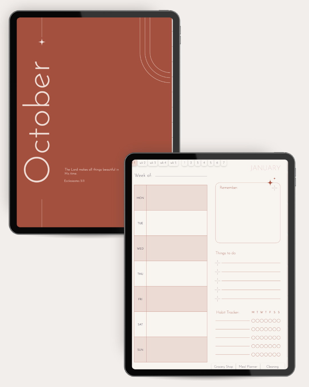 Two digital planner templates displayed on tablet screens against a light gray background. The left tablet shows the cover design for 'October' in a terracotta rust color, and the right tablet shows a January daily planner page with blush pink and white sections.