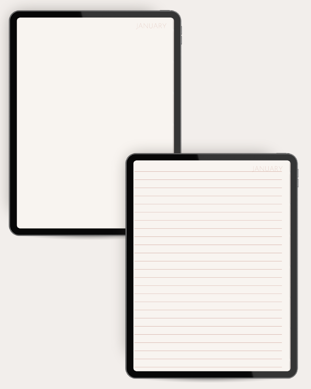 Two black tablet-style notepads shown on a light warm gray background, one blank and one lined with thin peach horizontal lines; both have 'JANUARY' printed at the top.
