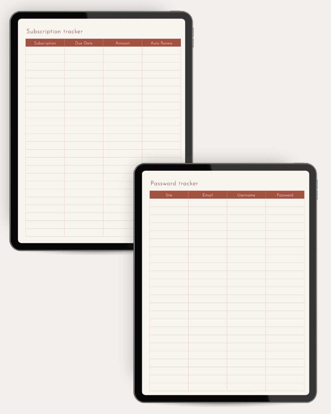 Two black tablet devices on a light beige background, each displaying a spreadsheet-style tracker page. The top tablet shows a 'Subscription tracker' with columns for sub type, date, amount, and notes, and the bottom tablet shows a 'Password tracker' with columns for site, email, username, and password.
