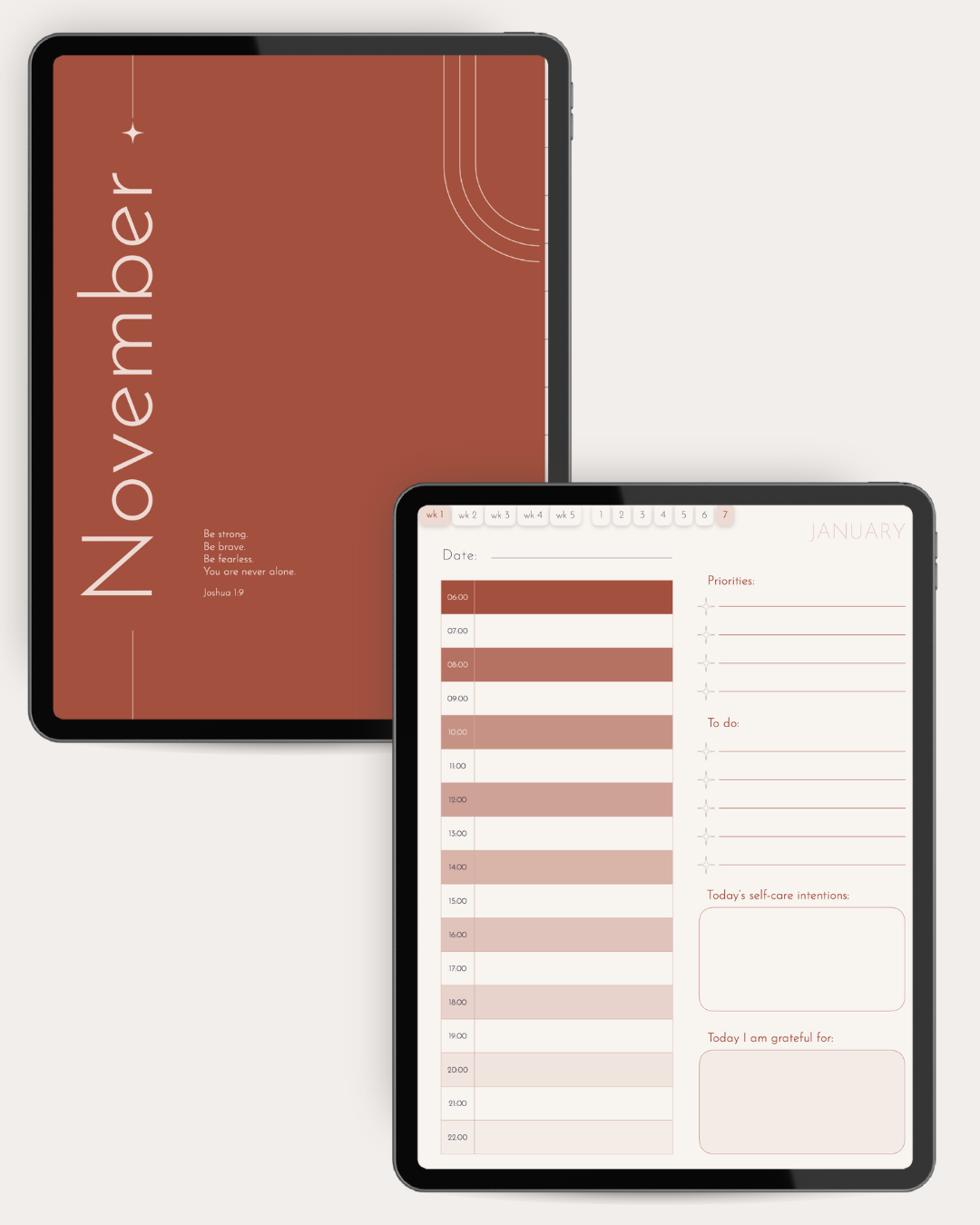 Two digital planner templates displayed on tablet screens against a light gray background. The left tablet shows a rust-brown cover with the word 'November' in white, and the right tablet shows a minimalist monthly task and reflection layout in soft blush and rust tones.